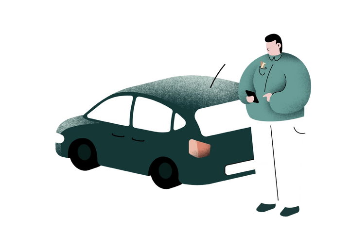 Illustrasjon av en mann som bruker telefonen utenfor en grønn bil